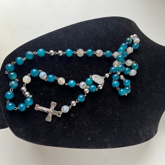 Blue Chalcedony Stone Miraculous Medal Rosary 3D Crucifix Catholic Silver Bead - Picture 5 of 8